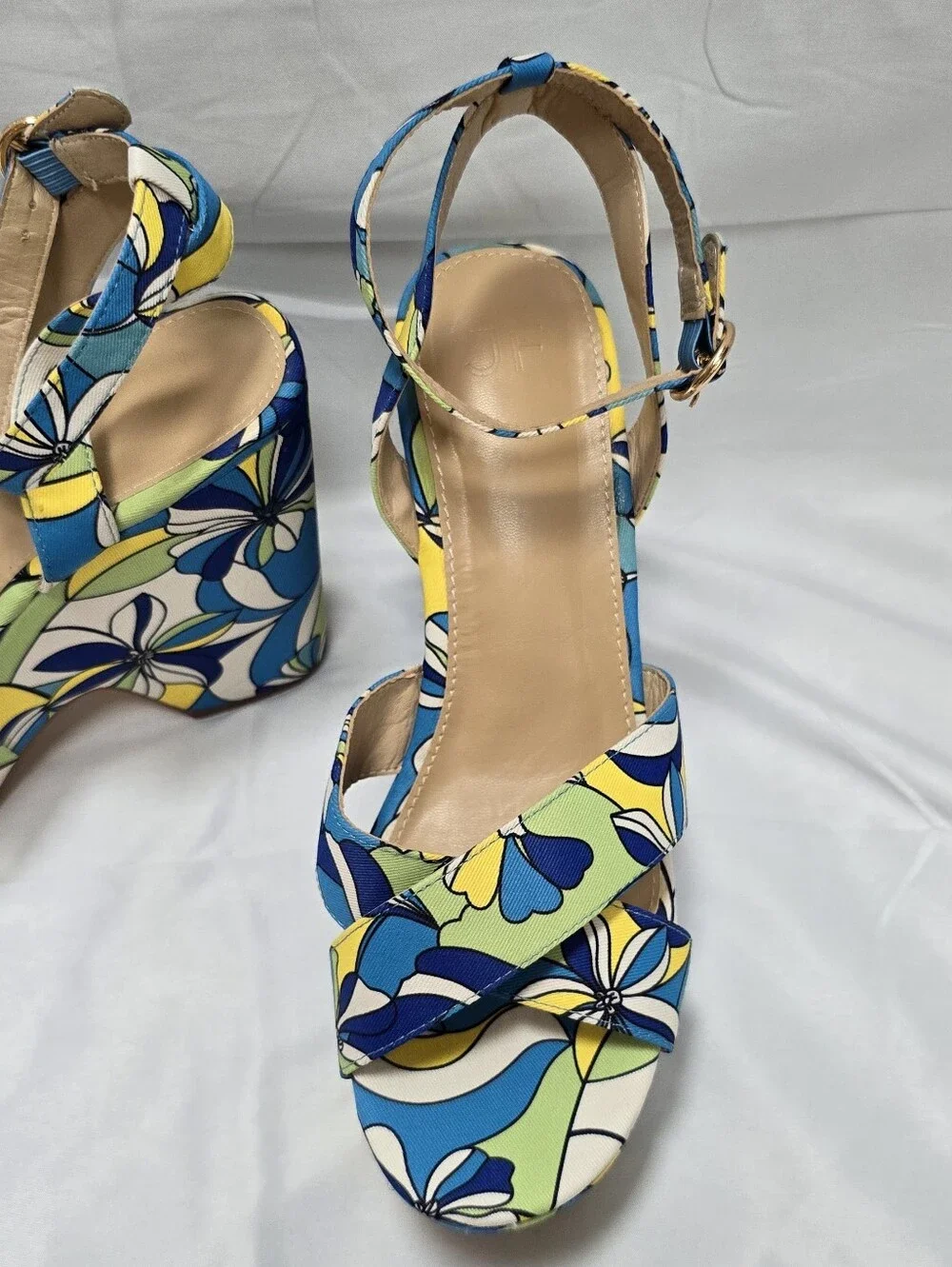 JustFsb Retro Floral Platform Wedge Sandals Blue Green Yellow